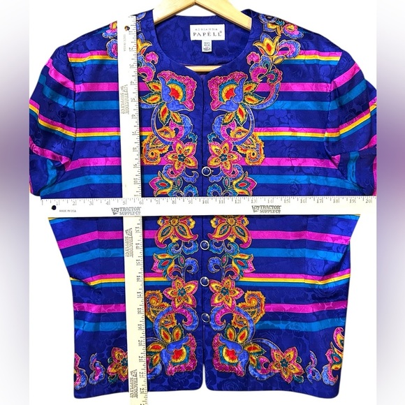 EXCELLENT Vintage Adrianna Papell Silk 2Piece Suit Blazer Skirt Stripe Floral 12 - Picture 6 of 13